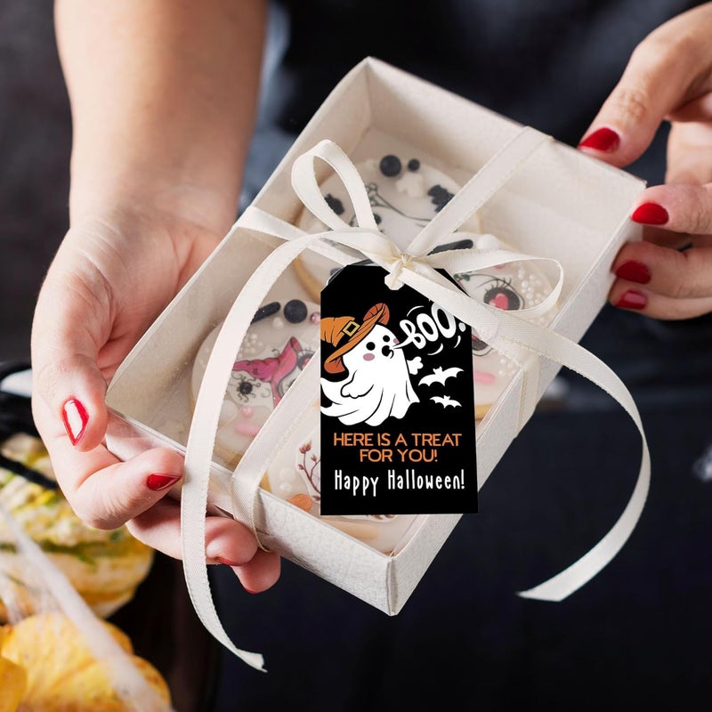RPLCSPC Black Halloween Paper Gift Tags with String-50Pcs, Here is A Treat for You Happy Halloween Cute Ghost Boo Tags for Goodie Bags, 2 x 3.5 Inch Hanging Labels for Decor Party Supplies, Gift Wrapping-B08 - Image 5